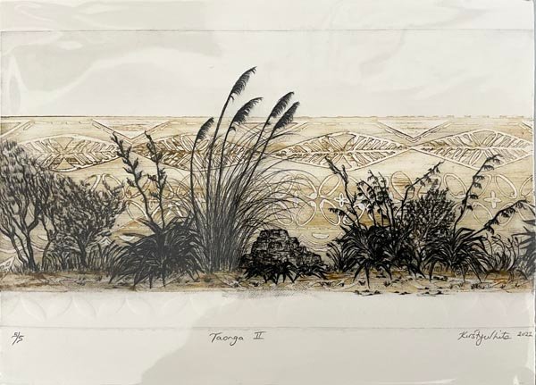 'Taonga II' drypoint etching & woodblock by Kirsty White 2022, limited edition print 5/5